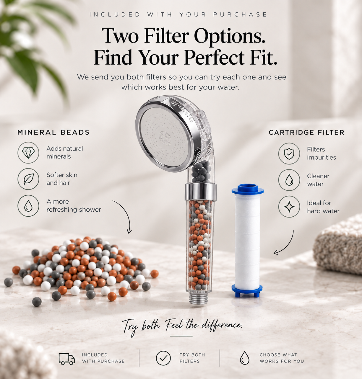 Chrome showerhead shown with mineral beads and a PP cotton filter