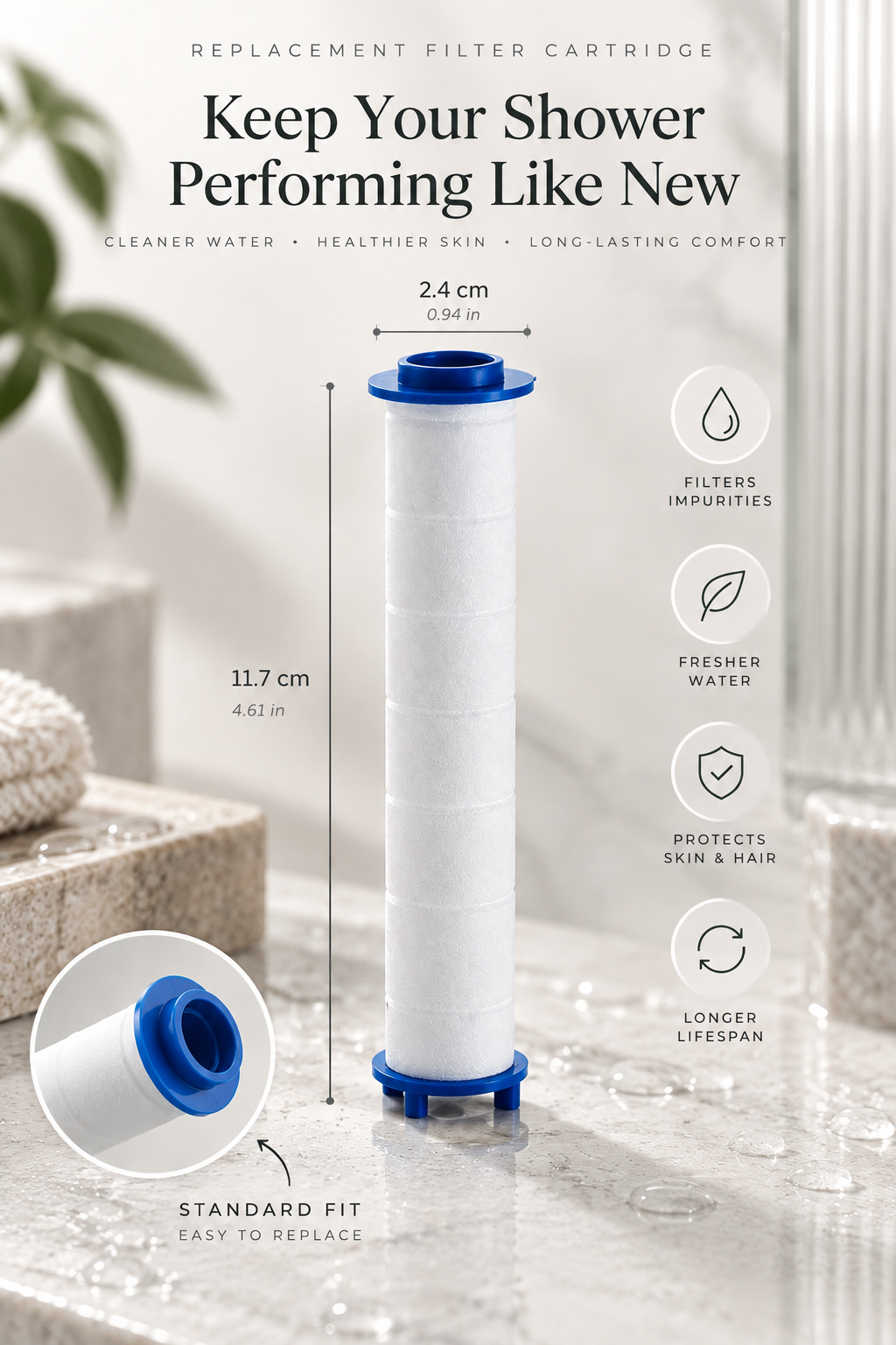 White PP cotton replacement filter with its dimensions shown